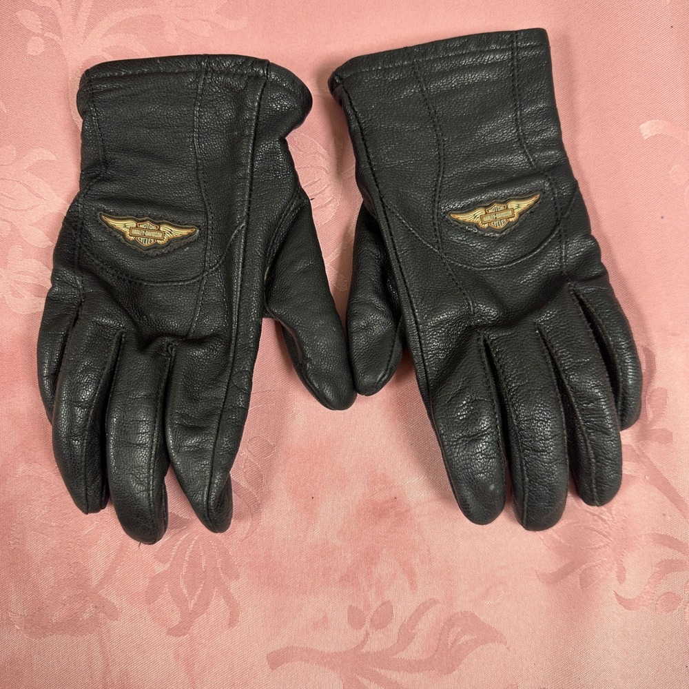 Harley-Davidson Womens Black Leather Motorcycle Riding Gloves Winged Logo XS